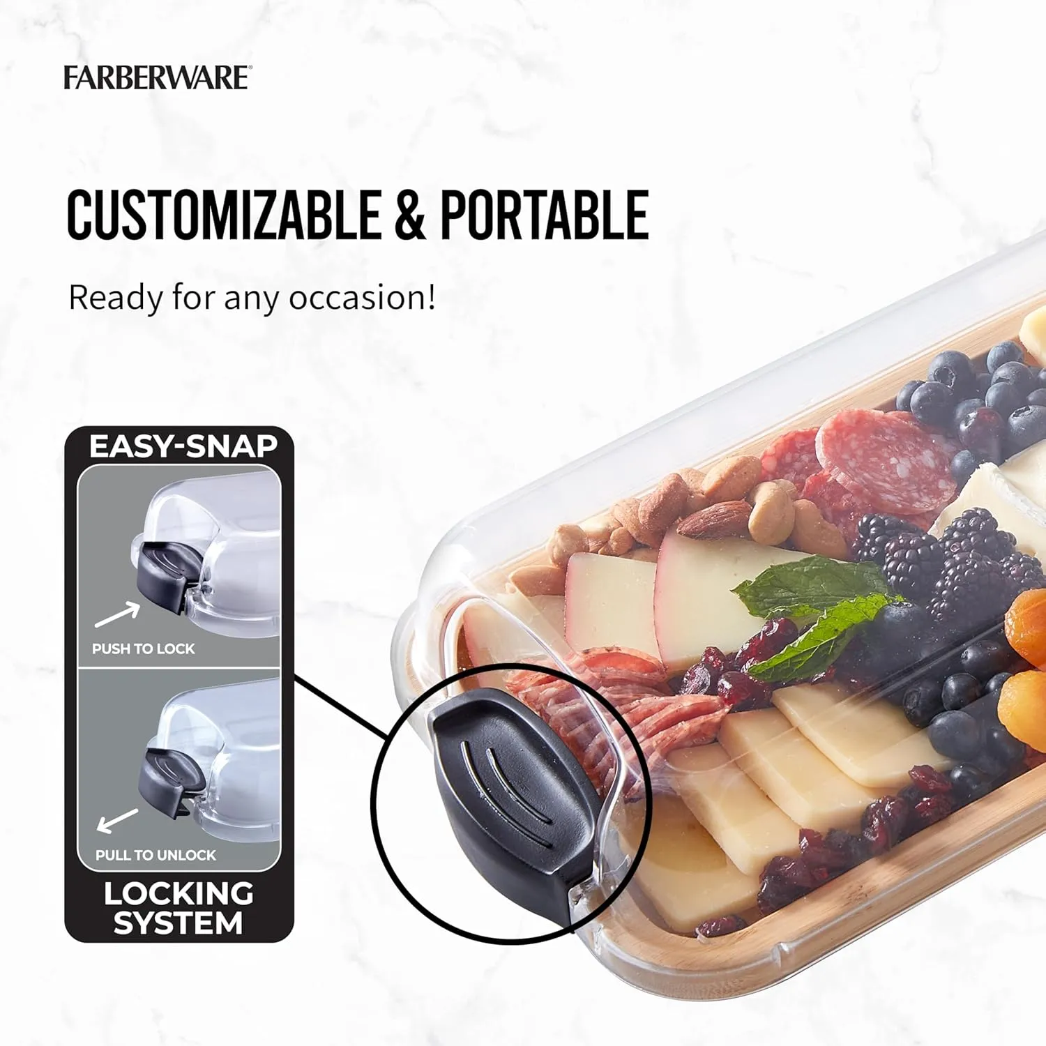 FARBERWARE Rectangular Build-a-Board Cutting Board with Single Compartment and Clear Locking Lid for Charcuterie, Snacks, and More, Bamboo