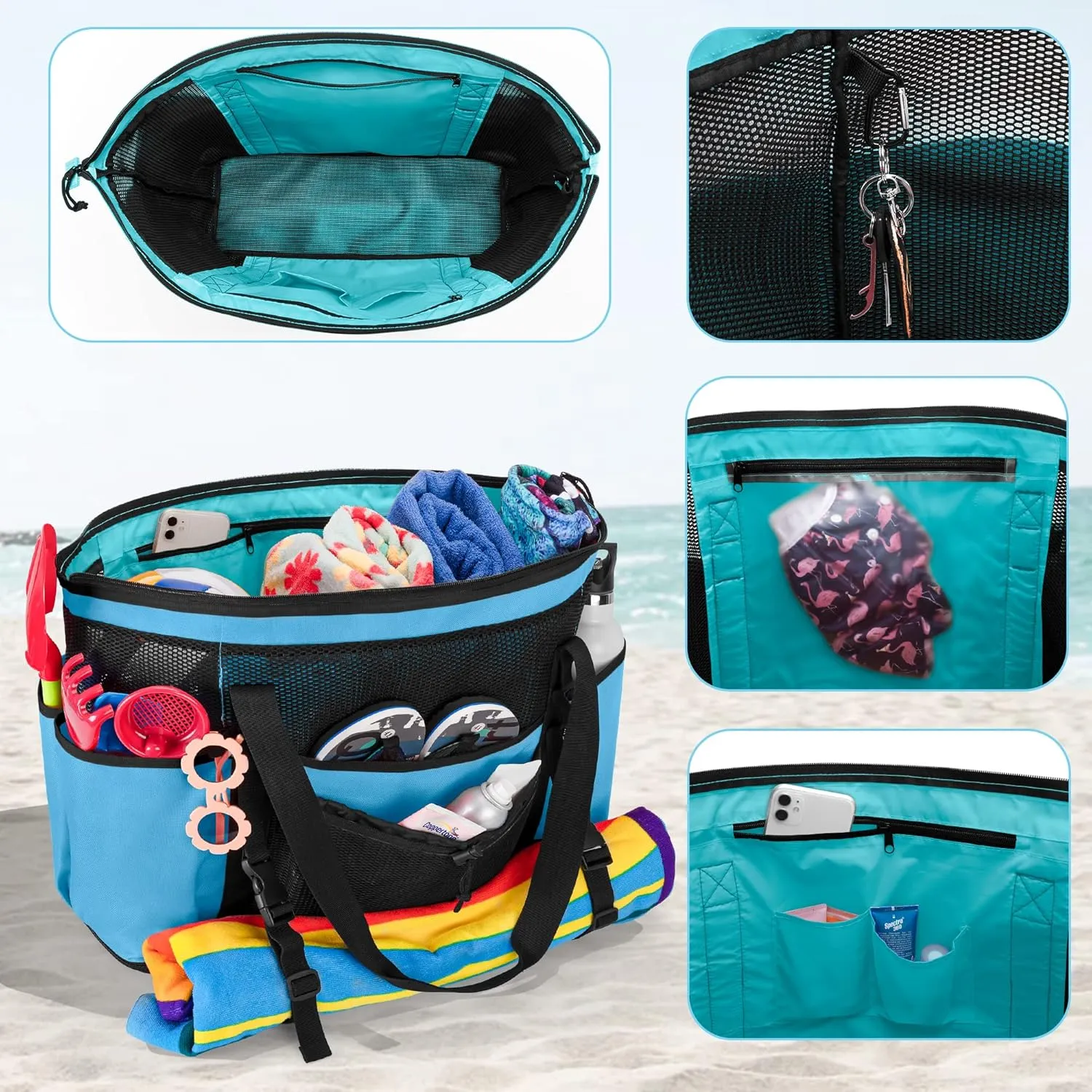 Fasrom Extra Large Mesh Beach Bag with Zipper Bottom, Family Beach Tote Bag with Wet and Dry Separation (Patent Design)