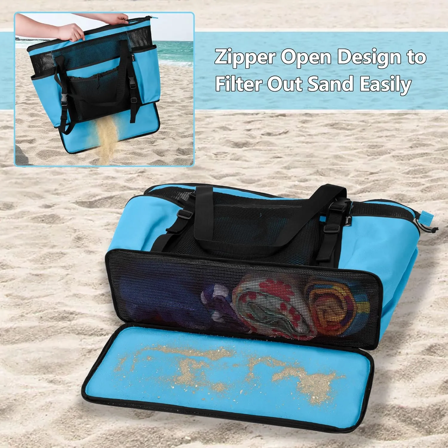 Fasrom Extra Large Mesh Beach Bag with Zipper Bottom, Family Beach Tote Bag with Wet and Dry Separation (Patent Design)