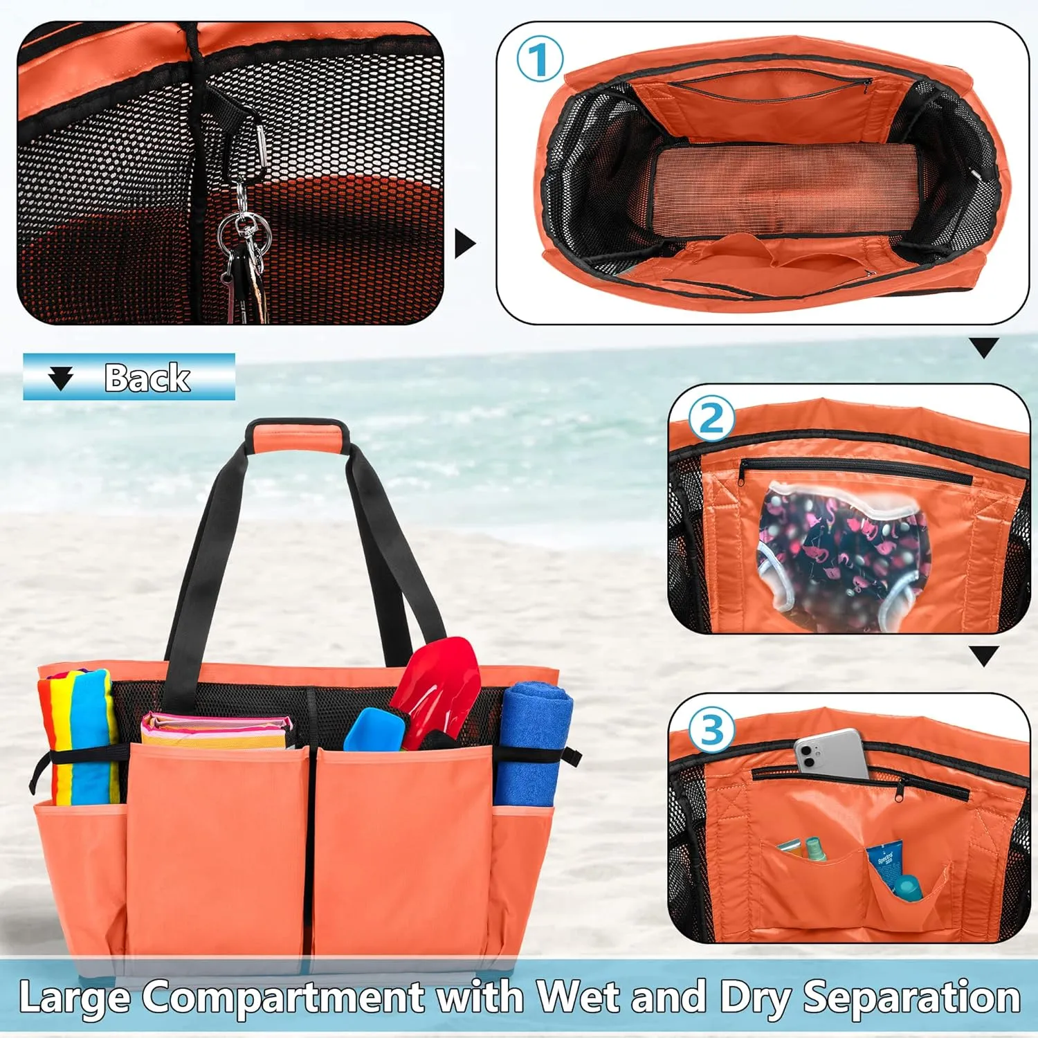 Fasrom Oversized Mesh Tote Bag with Zipper Bottom, Extra Large Beach or Pool Trip (Patent Design)
