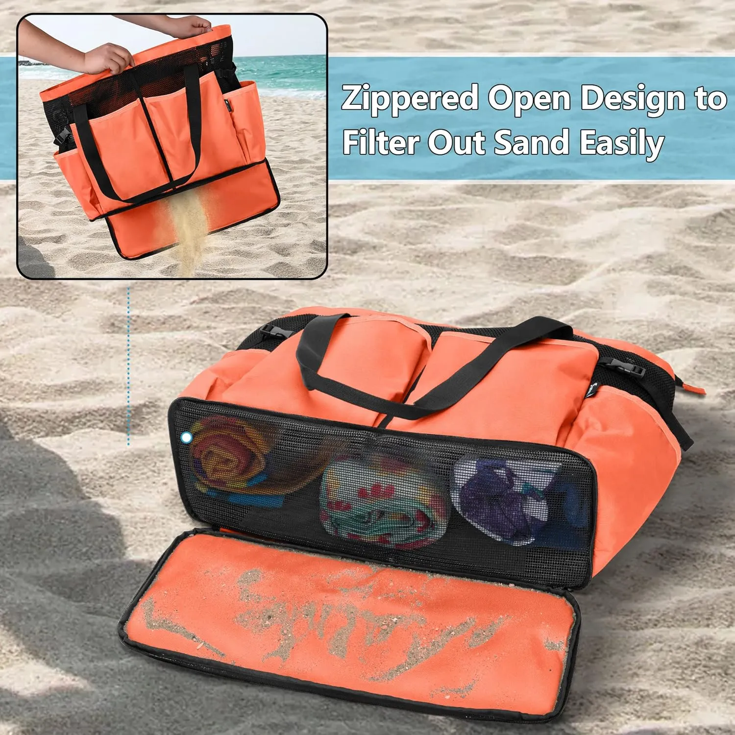 Fasrom Oversized Mesh Tote Bag with Zipper Bottom, Extra Large Beach or Pool Trip (Patent Design)