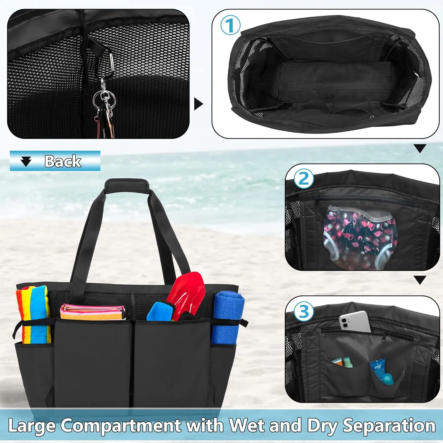 Fasrom Oversized Mesh Tote Bag with Zipper Bottom, Extra Large Beach or Pool Trip (Patent Design)