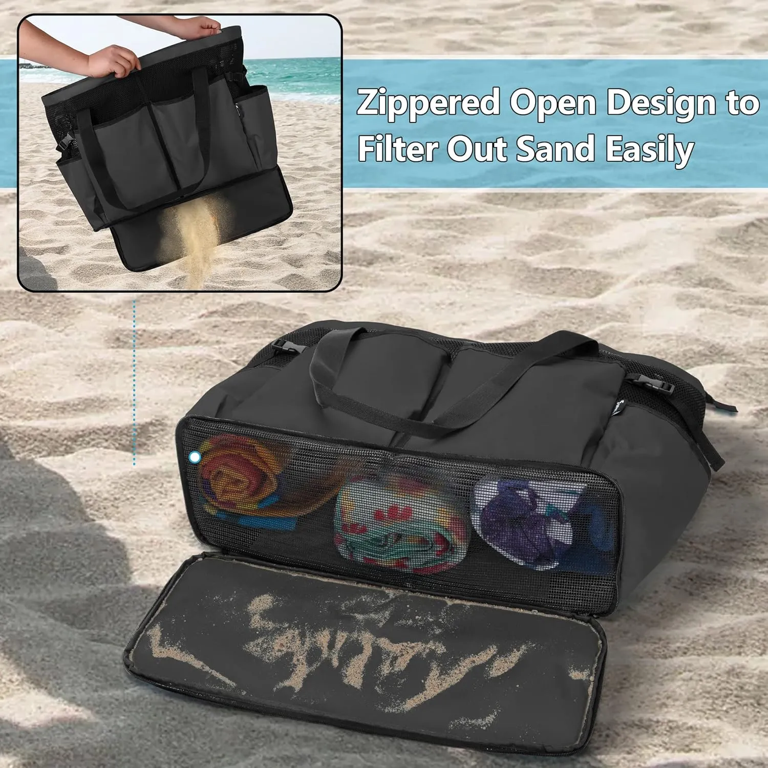 Fasrom Oversized Mesh Tote Bag with Zipper Bottom, Extra Large Beach or Pool Trip (Patent Design)
