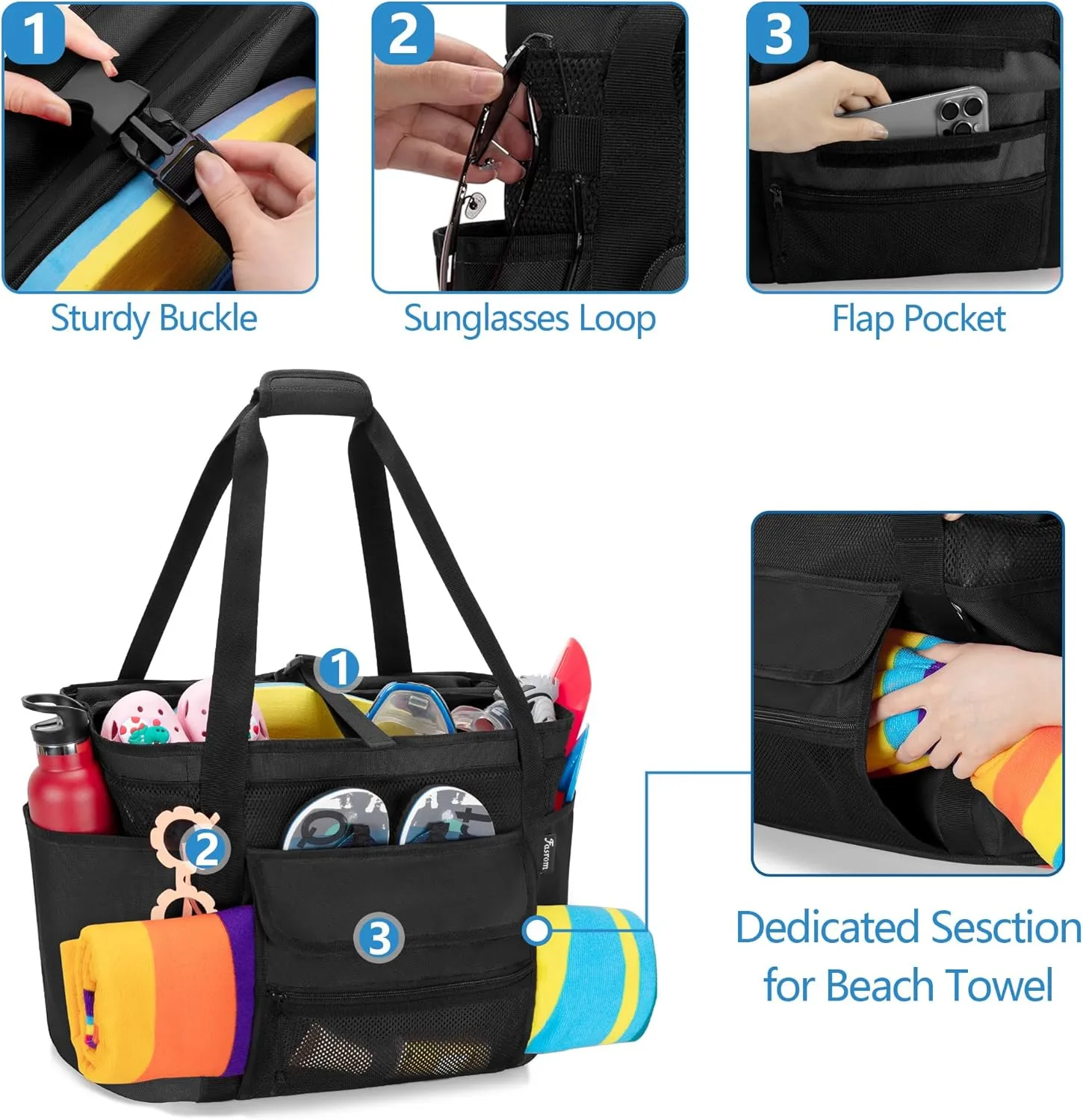 Fasrom XL Beach Tote Bag with Cooler Compartment, Large Mesh Beach Pool Bag with Wet & Dry Separation for Swim, Travel