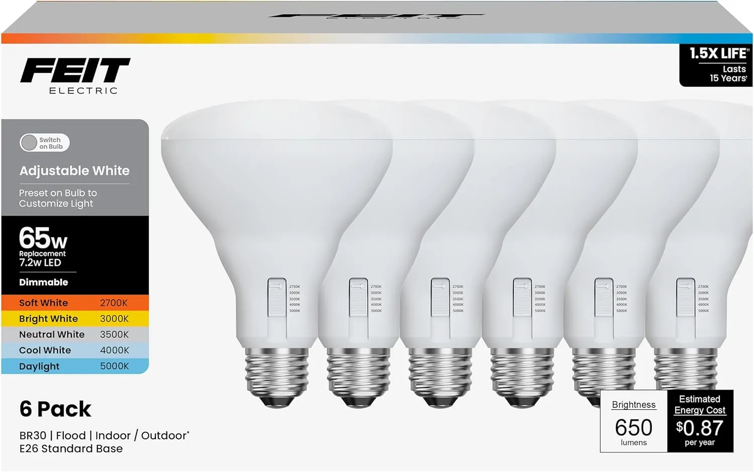 Feit Electric BR30 LED Flood Light Bulb, 65W Equivalent, Dimmable, 5CCT, Adjustable White, 650 Lumens, Indoor/Outdoor Residential & Commercial Use, 17,000-Hour Lifespan, BR3065DM5CCTCA15K/6, 6-Pack