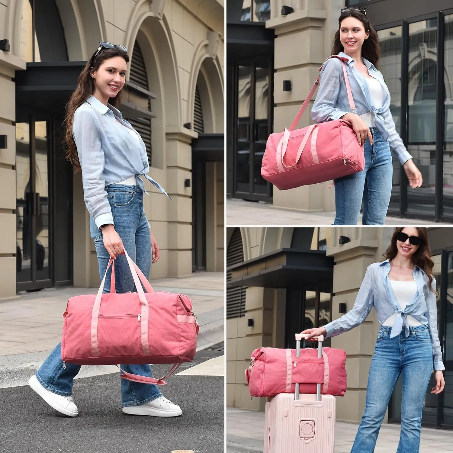 Felipe Varela Carry on luaggage 22x14x9 Airlines Approved, Foldable Carry on Bag Travel Duffel Bags Small Overnight weekender Gym Duffle Bag with Wet Pocket for Women Men (Pink, 40L)