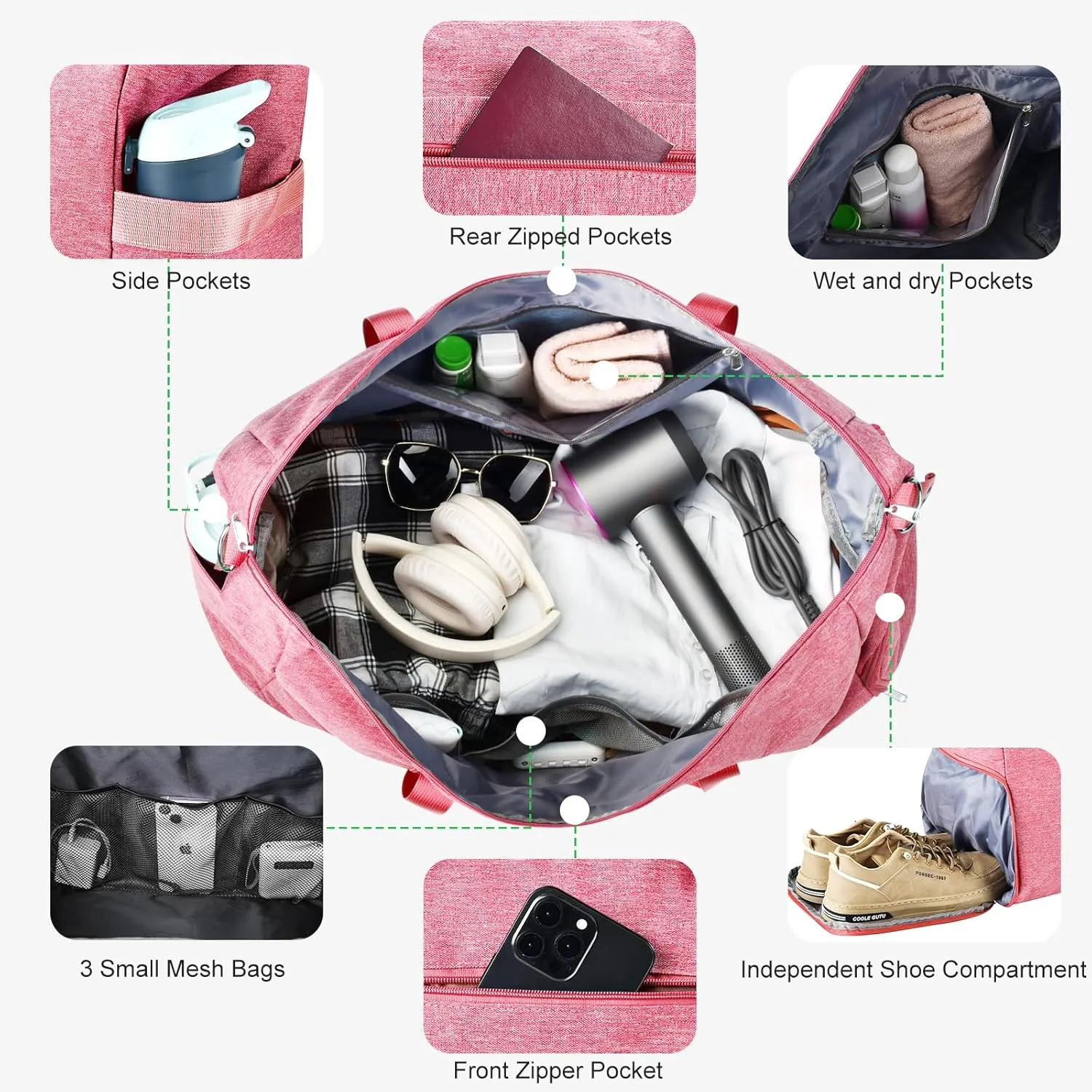 Felipe Varela Carry on luaggage 22x14x9 Airlines Approved, Foldable Carry on Bag Travel Duffel Bags Small Overnight weekender Gym Duffle Bag with Wet Pocket for Women Men (Pink, 40L)