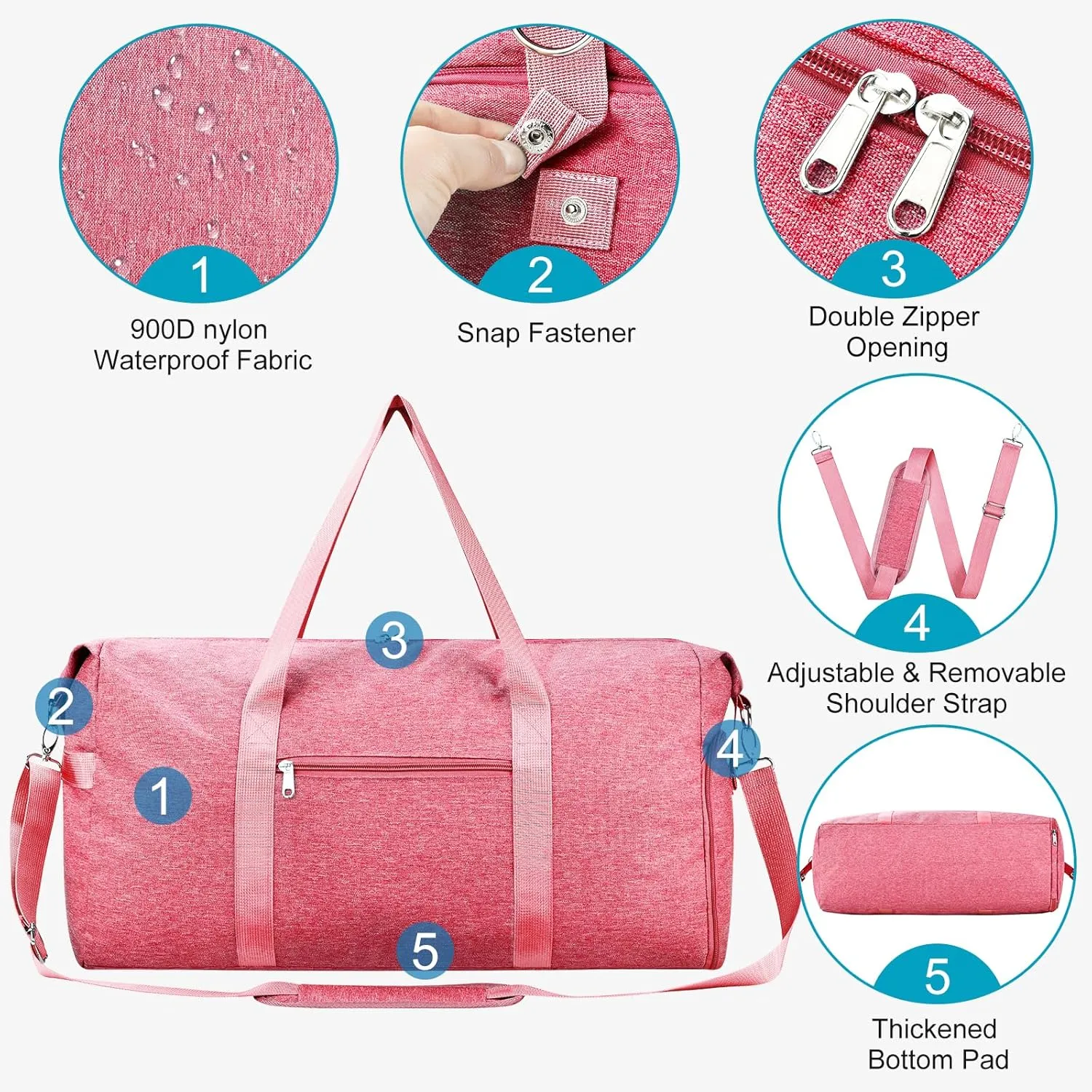 Felipe Varela Carry on luaggage 22x14x9 Airlines Approved, Foldable Carry on Bag Travel Duffel Bags Small Overnight weekender Gym Duffle Bag with Wet Pocket for Women Men (Pink, 40L)