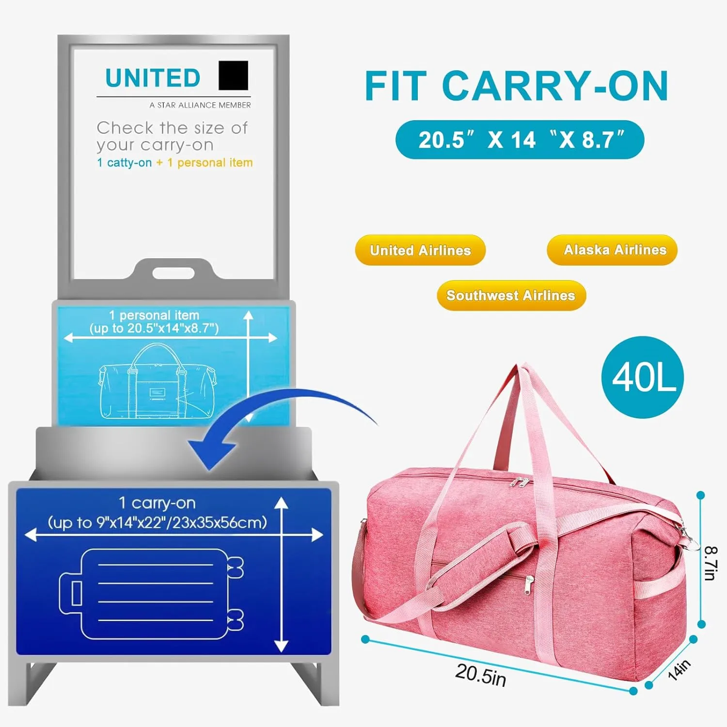 Felipe Varela Carry on luaggage 22x14x9 Airlines Approved, Foldable Carry on Bag Travel Duffel Bags Small Overnight weekender Gym Duffle Bag with Wet Pocket for Women Men (Pink, 40L)