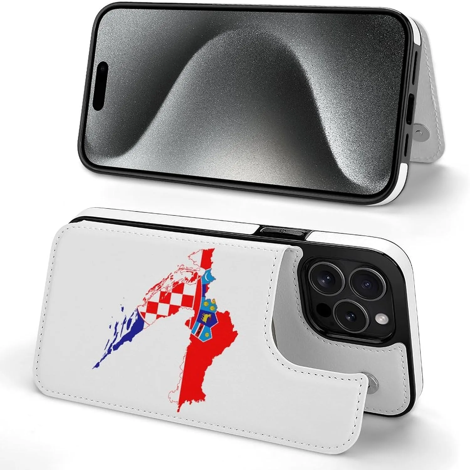 Flag Map of Croatia Printed Flip Wallet Phone Case Compatible with iPhone 15/iPhone 15 Plus/iPhone 15 Pro/iPhone 15 Pro Max Protective Cover with Card Holder Kickstand