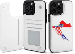 Flag Map of Croatia Printed Flip Wallet Phone Case Compatible with iPhone 15/iPhone 15 Plus/iPhone 15 Pro/iPhone 15 Pro Max Protective Cover with Card Holder Kickstand