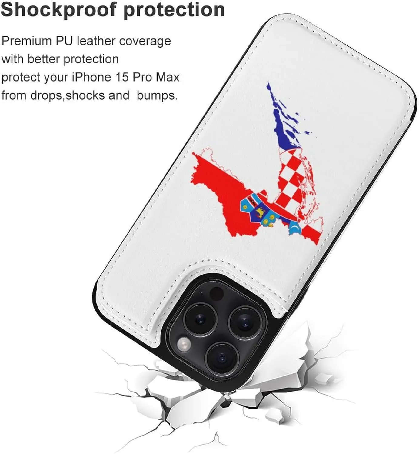 Flag Map of Croatia Printed Flip Wallet Phone Case Compatible with iPhone 15/iPhone 15 Plus/iPhone 15 Pro/iPhone 15 Pro Max Protective Cover with Card Holder Kickstand