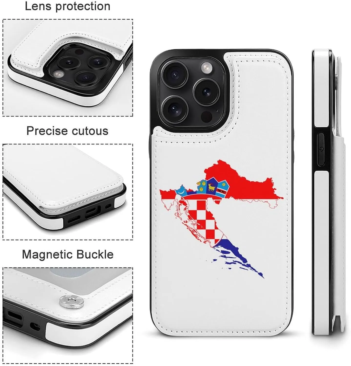 Flag Map of Croatia Printed Flip Wallet Phone Case Compatible with iPhone 15/iPhone 15 Plus/iPhone 15 Pro/iPhone 15 Pro Max Protective Cover with Card Holder Kickstand