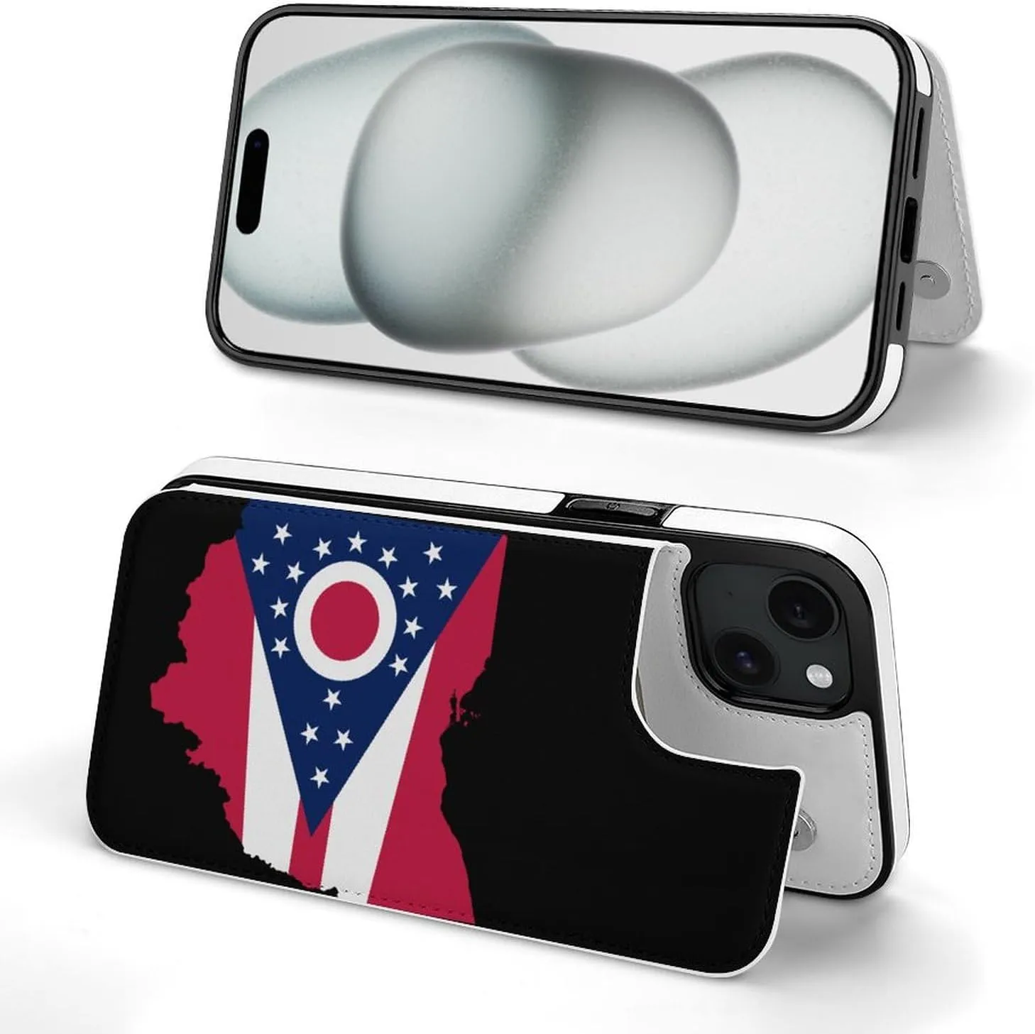 Flag Map of Ohio Printed Flip Wallet Phone Case Compatible with iPhone 15/iPhone 15 Plus/iPhone 15 Pro/iPhone 15 Pro Max Protective Cover with Card Holder Kickstand