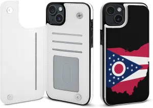 Flag Map of Ohio Printed Flip Wallet Phone Case Compatible with iPhone 15/iPhone 15 Plus/iPhone 15 Pro/iPhone 15 Pro Max Protective Cover with Card Holder Kickstand