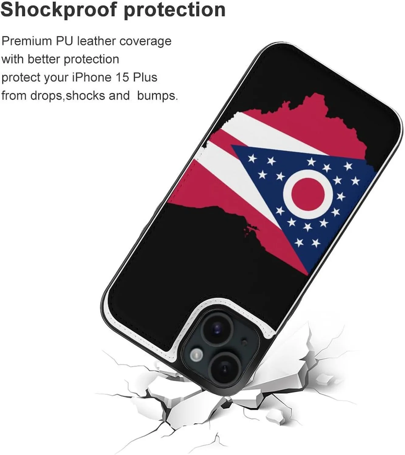 Flag Map of Ohio Printed Flip Wallet Phone Case Compatible with iPhone 15/iPhone 15 Plus/iPhone 15 Pro/iPhone 15 Pro Max Protective Cover with Card Holder Kickstand