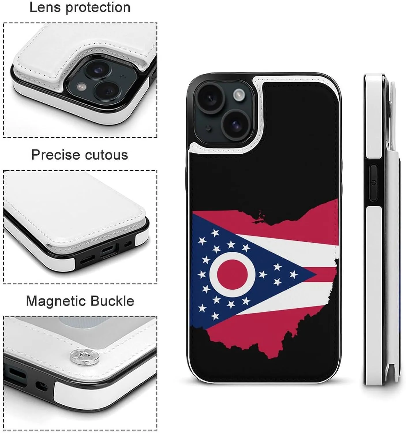 Flag Map of Ohio Printed Flip Wallet Phone Case Compatible with iPhone 15/iPhone 15 Plus/iPhone 15 Pro/iPhone 15 Pro Max Protective Cover with Card Holder Kickstand