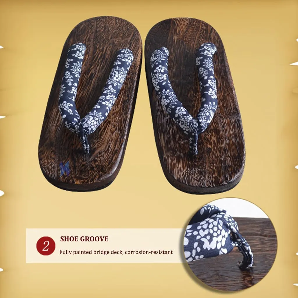 Flip Flop Men's Japanese Wooden Clogs Slippers,Japanese Traditional Clogs Geta Sandals Traditional Geta Wooden Clogs Shoes,Couple Thick Soles Anti-Skid Floral Slippers