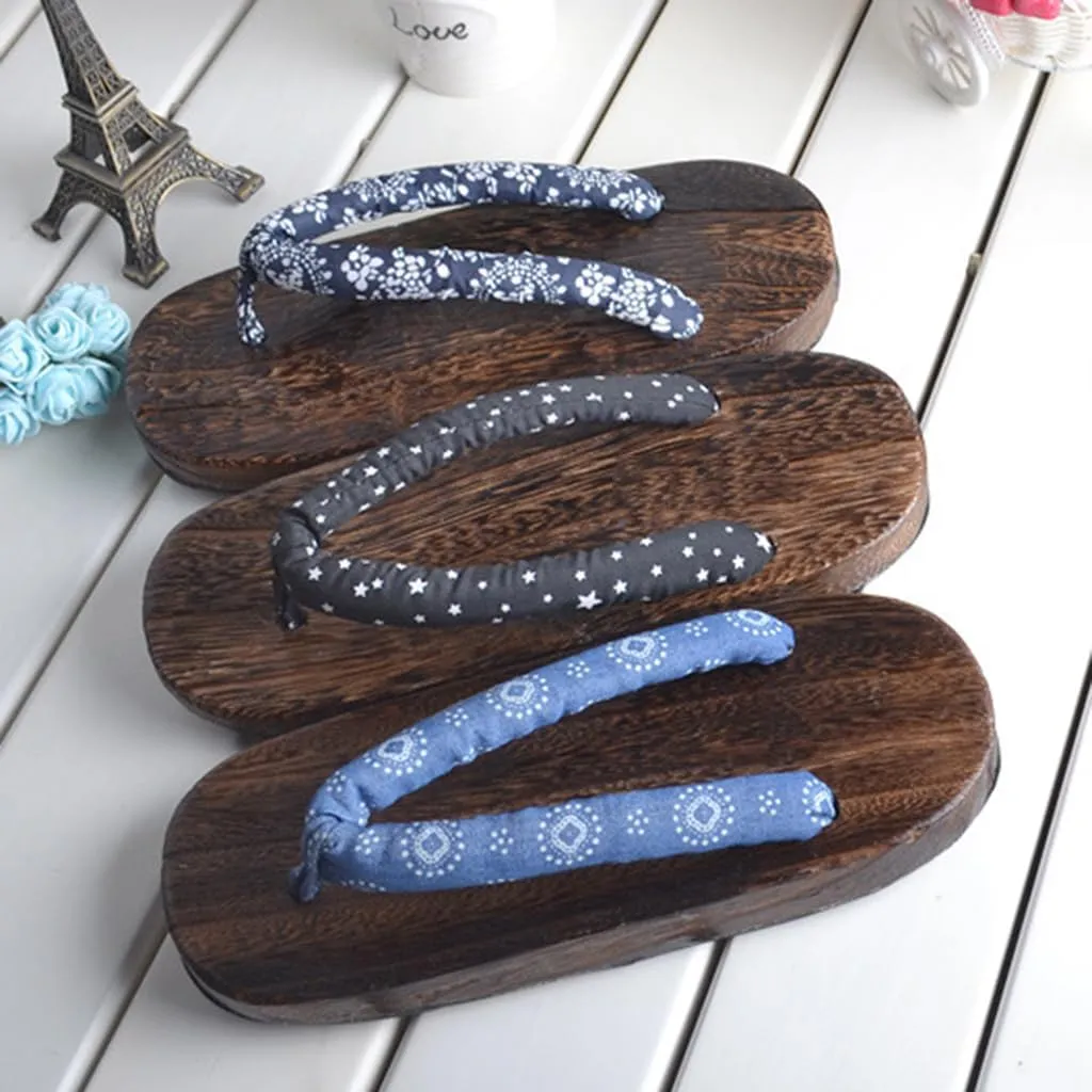 Flip Flop Men's Japanese Wooden Clogs Slippers,Japanese Traditional Clogs Geta Sandals Traditional Geta Wooden Clogs Shoes,Couple Thick Soles Anti-Skid Floral Slippers