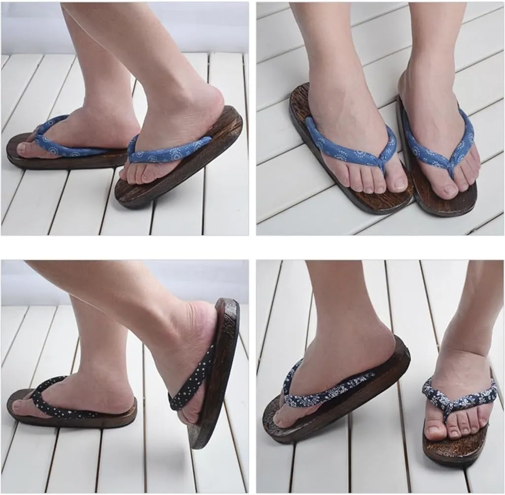 Flip Flop Men's Japanese Wooden Clogs Slippers,Japanese Traditional Clogs Geta Sandals Traditional Geta Wooden Clogs Shoes,Couple Thick Soles Anti-Skid Floral Slippers