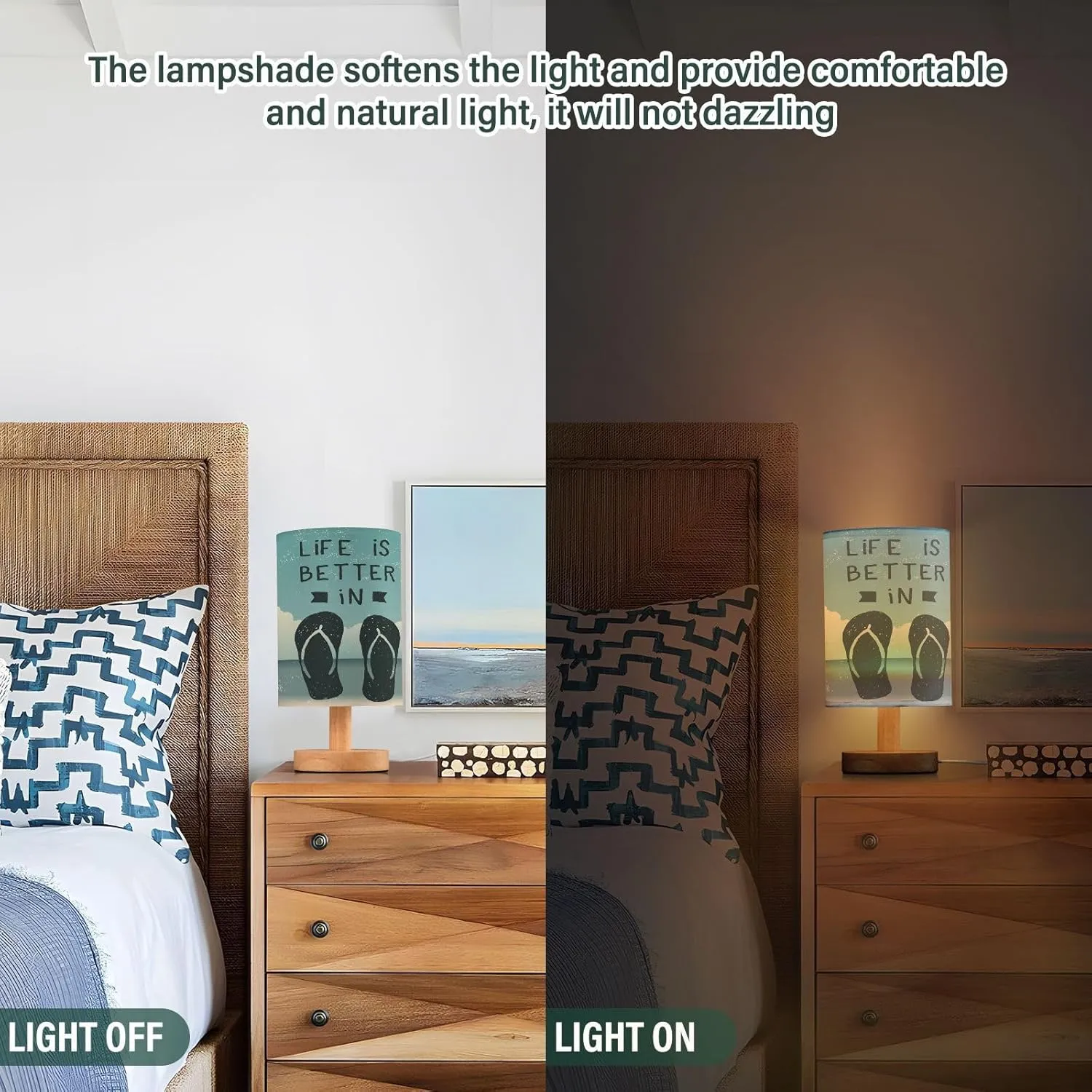 Flip Flop Summer Tropical Ocean Beach Nightstand Desk Lamp with Wood Base Fabric Shade for Living Room Bedroom Kids Room Office