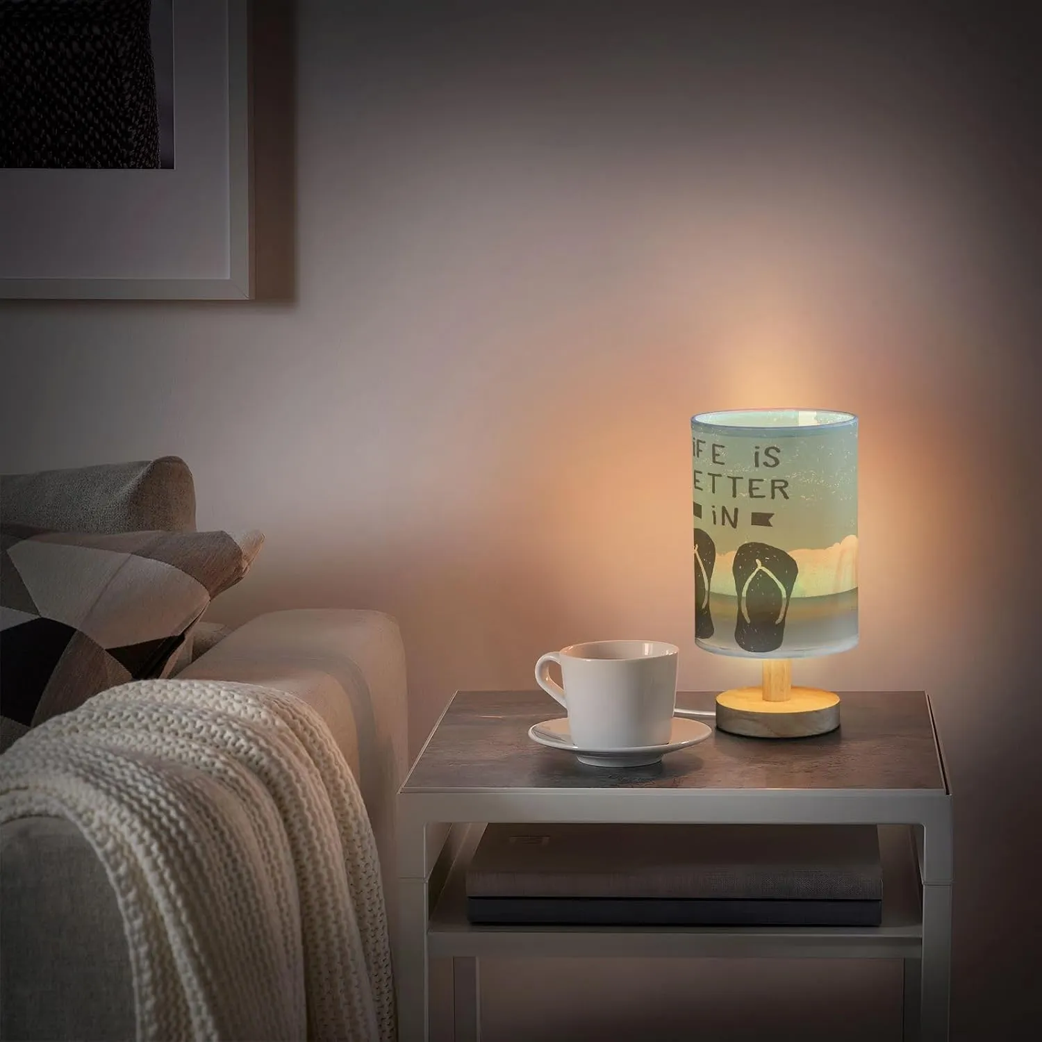 Flip Flop Summer Tropical Ocean Beach Nightstand Desk Lamp with Wood Base Fabric Shade for Living Room Bedroom Kids Room Office