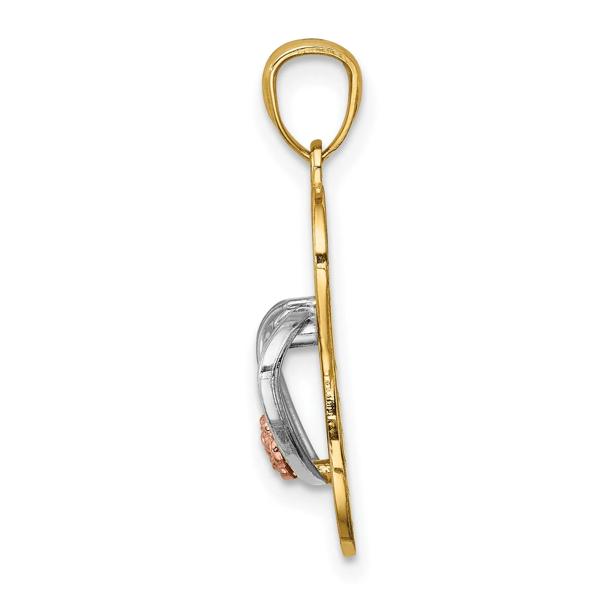 Flip Flop With Rose Gold Flower Charm Pendant in Real 14k Multi-Tone Gold