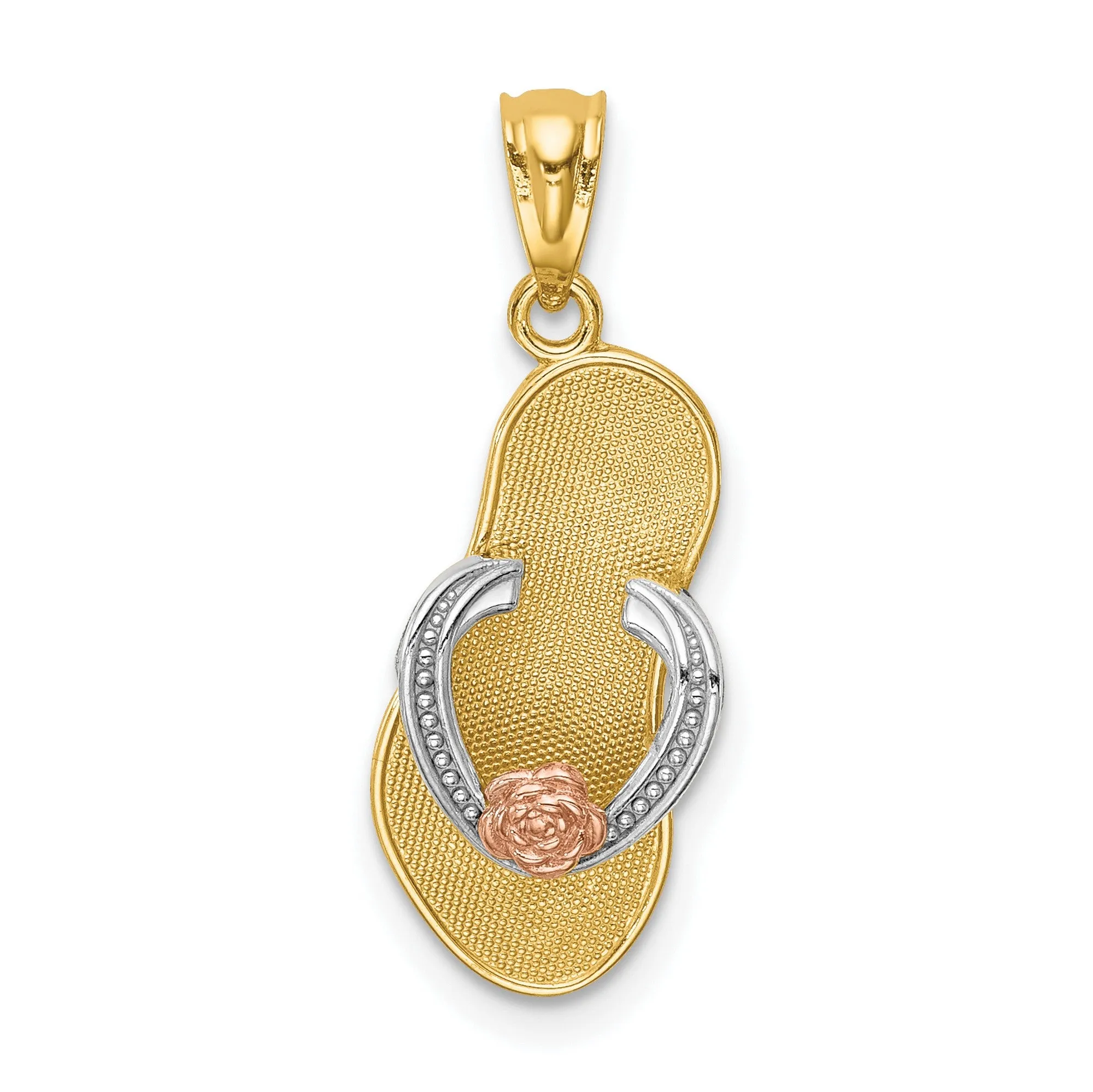 Flip Flop With Rose Gold Flower Charm Pendant in Real 14k Multi-Tone Gold