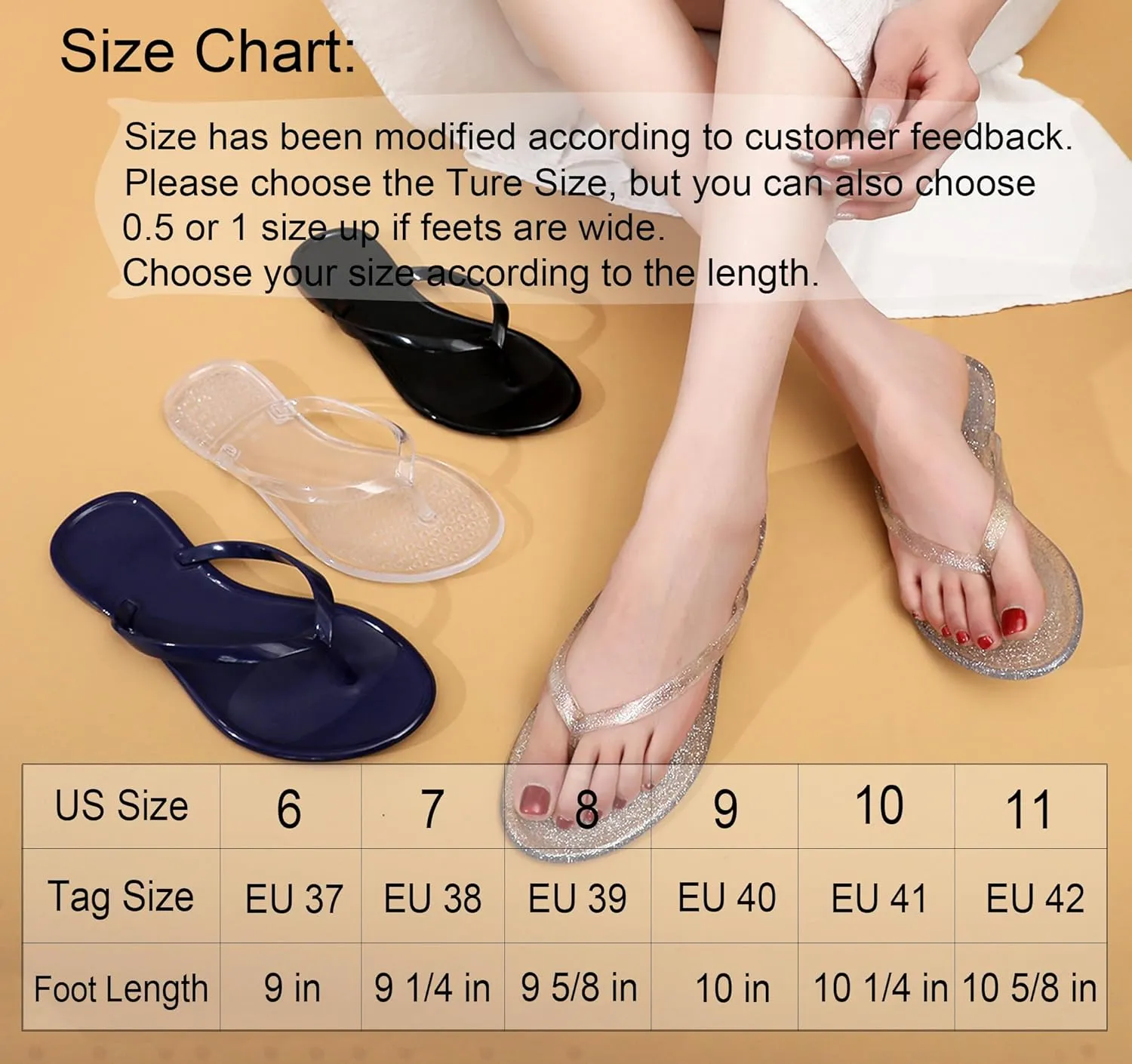 Flip Flops for Women Jelly Shoes Thong Sandals Jellies Flats Clear Slipper Summer Beach Pool Slides Size 10 Slip On Quick Drying Soft