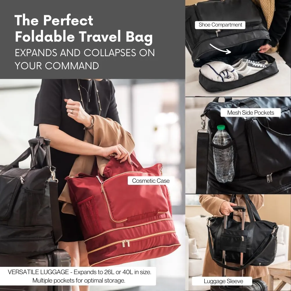Foldable & Expandable Carry-On Bag with Shoe Compartment, Water Bottle Pocket, Luggage Sleeve, Cosmetic Case