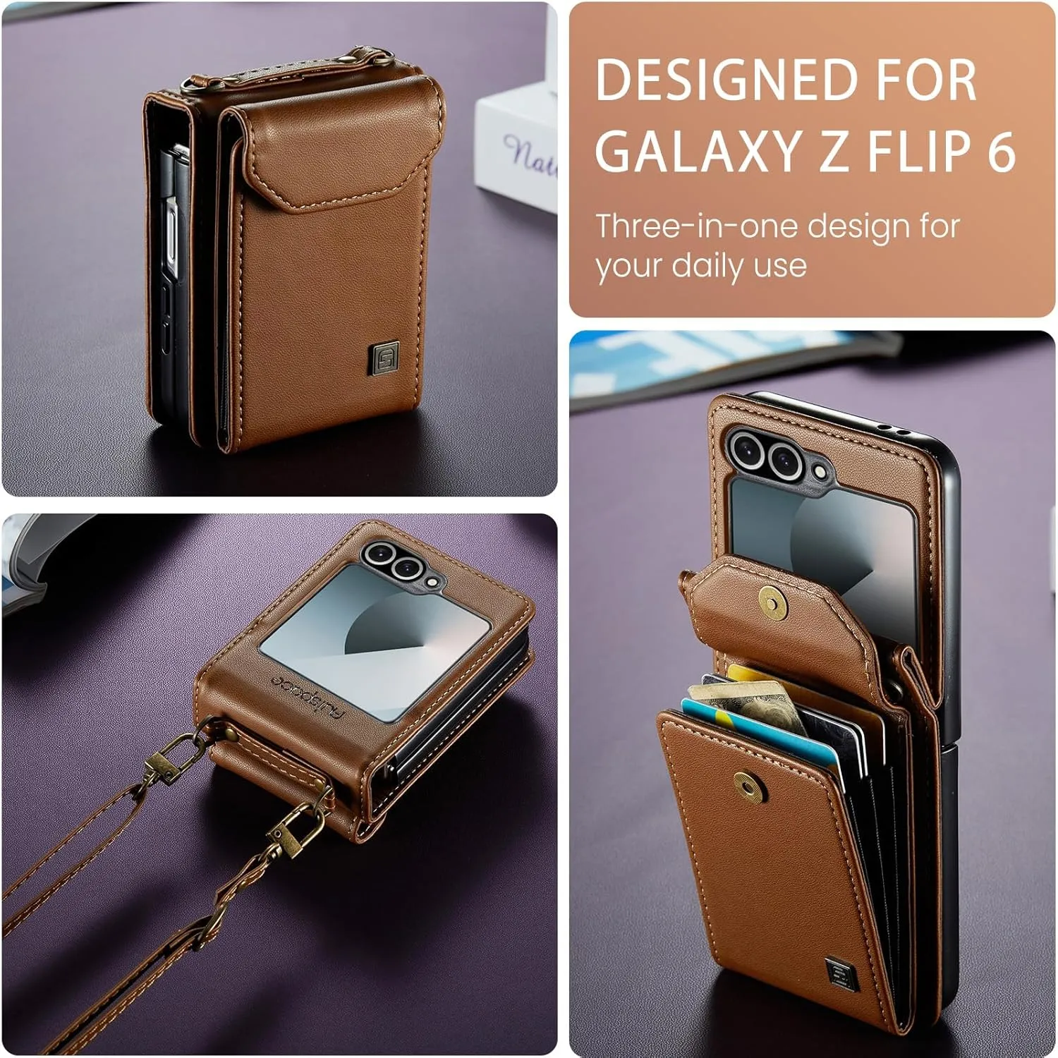for Samsung Galaxy Z Flip 6 Case Retro PU Leather Flip with Magnetic Closure and Card Slot, Crossbody Phone Holder for Men Women- Brown