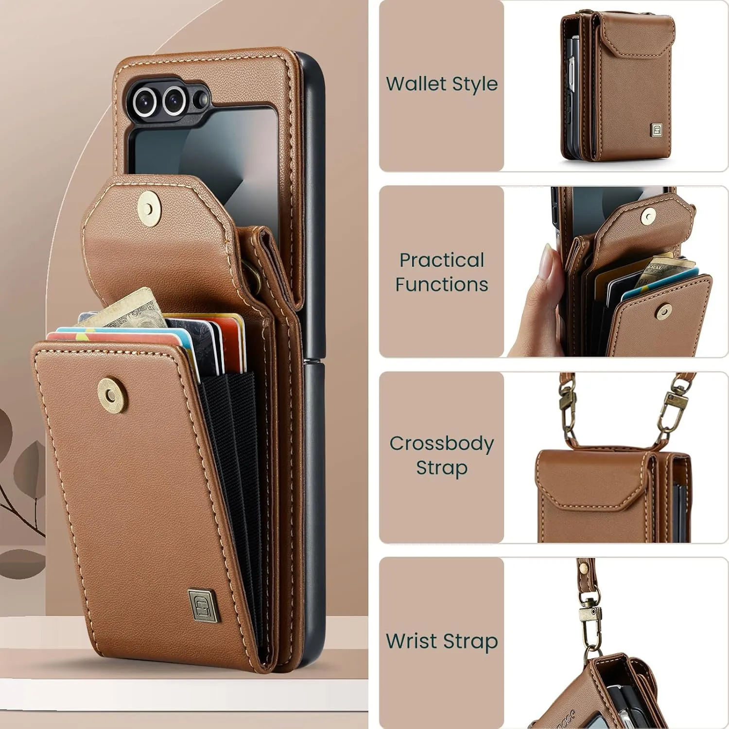 for Samsung Galaxy Z Flip 6 Case Retro PU Leather Flip with Magnetic Closure and Card Slot, Crossbody Phone Holder for Men Women- Brown
