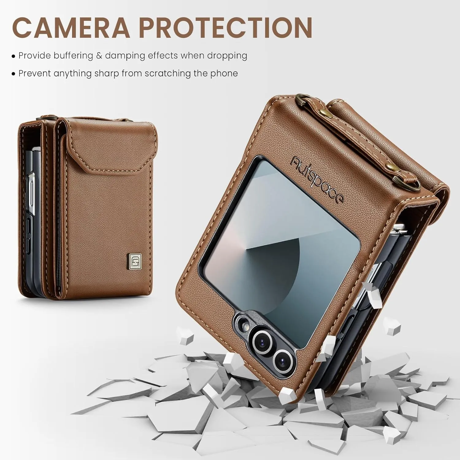 for Samsung Galaxy Z Flip 6 Case Retro PU Leather Flip with Magnetic Closure and Card Slot, Crossbody Phone Holder for Men Women- Brown