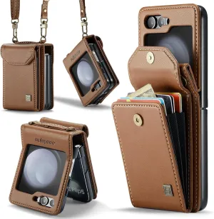for Samsung Galaxy Z Flip 6 Case Retro PU Leather Flip with Magnetic Closure and Card Slot, Crossbody Phone Holder for Men Women- Brown