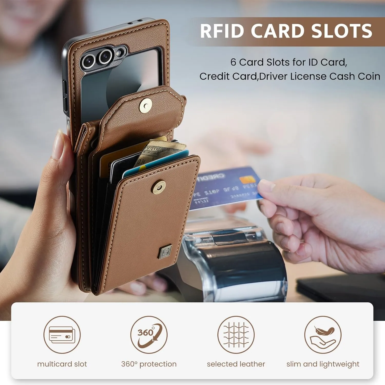 for Samsung Galaxy Z Flip 6 Case Retro PU Leather Flip with Magnetic Closure and Card Slot, Crossbody Phone Holder for Men Women- Brown