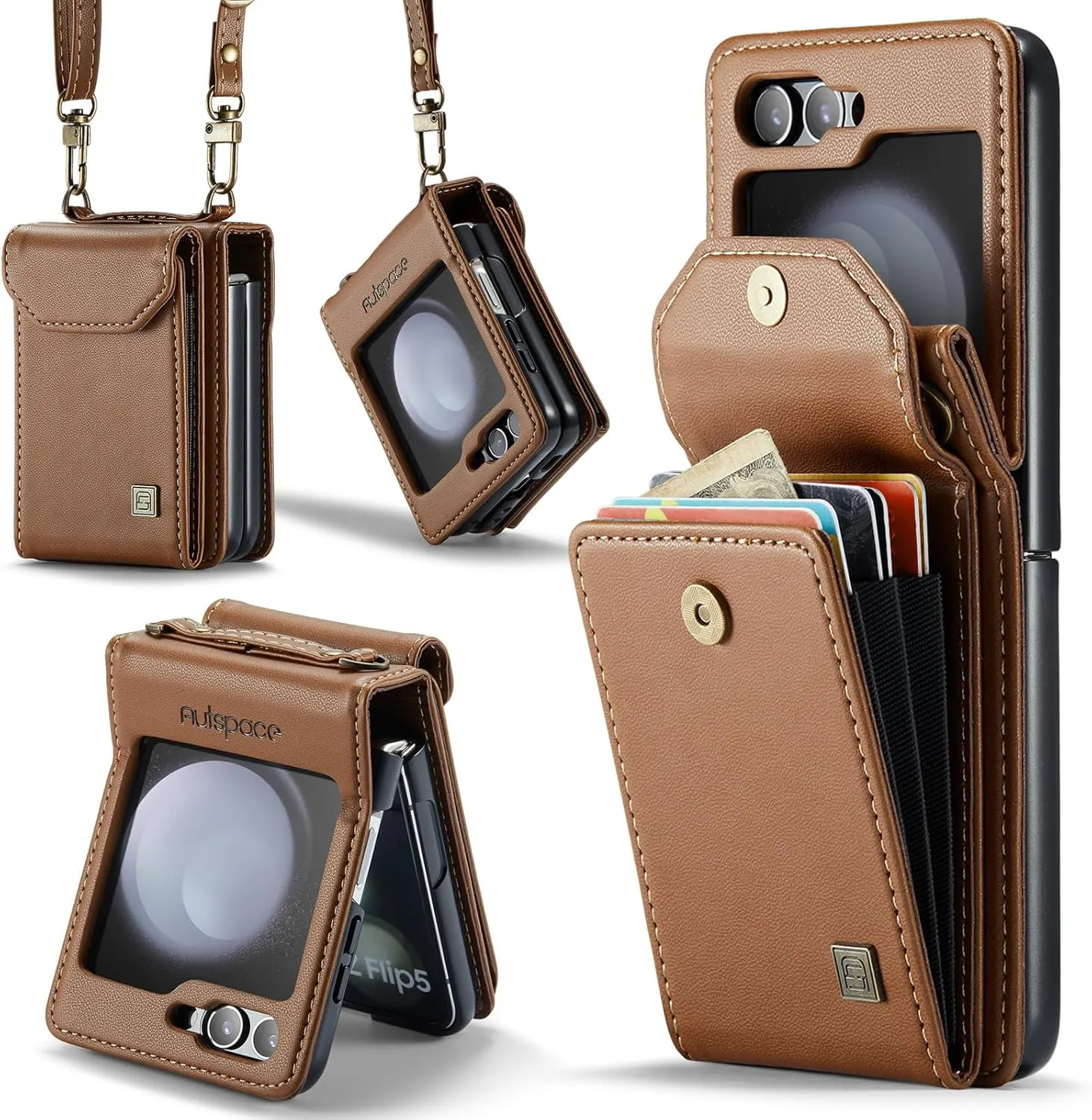 for Samsung Galaxy Z Flip 6 Case Retro PU Leather Flip with Magnetic Closure and Card Slot, Crossbody Phone Holder for Men Women- Brown
