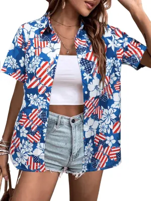 FRYAID American Flag Shirt Women 4th of July Shirts Hawaii Floral Patriotic Stars Stripes Tee USA Short Sleeve Button Up Top