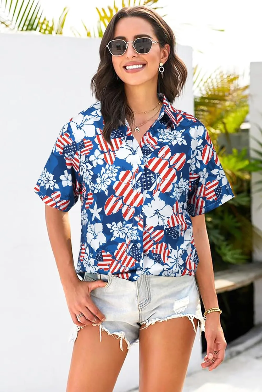 FRYAID American Flag Shirt Women 4th of July Shirts Hawaii Floral Patriotic Stars Stripes Tee USA Short Sleeve Button Up Top