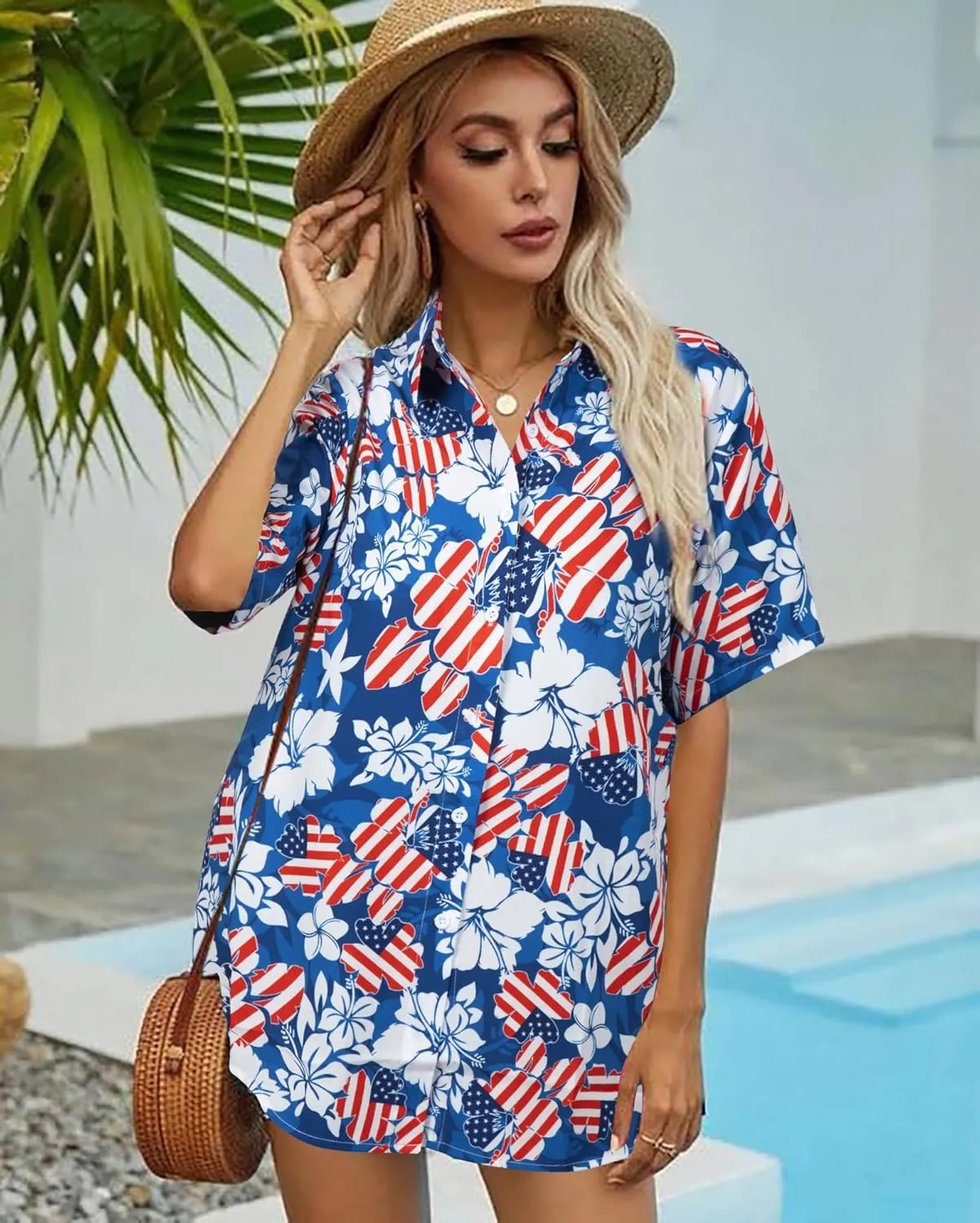 FRYAID American Flag Shirt Women 4th of July Shirts Hawaii Floral Patriotic Stars Stripes Tee USA Short Sleeve Button Up Top