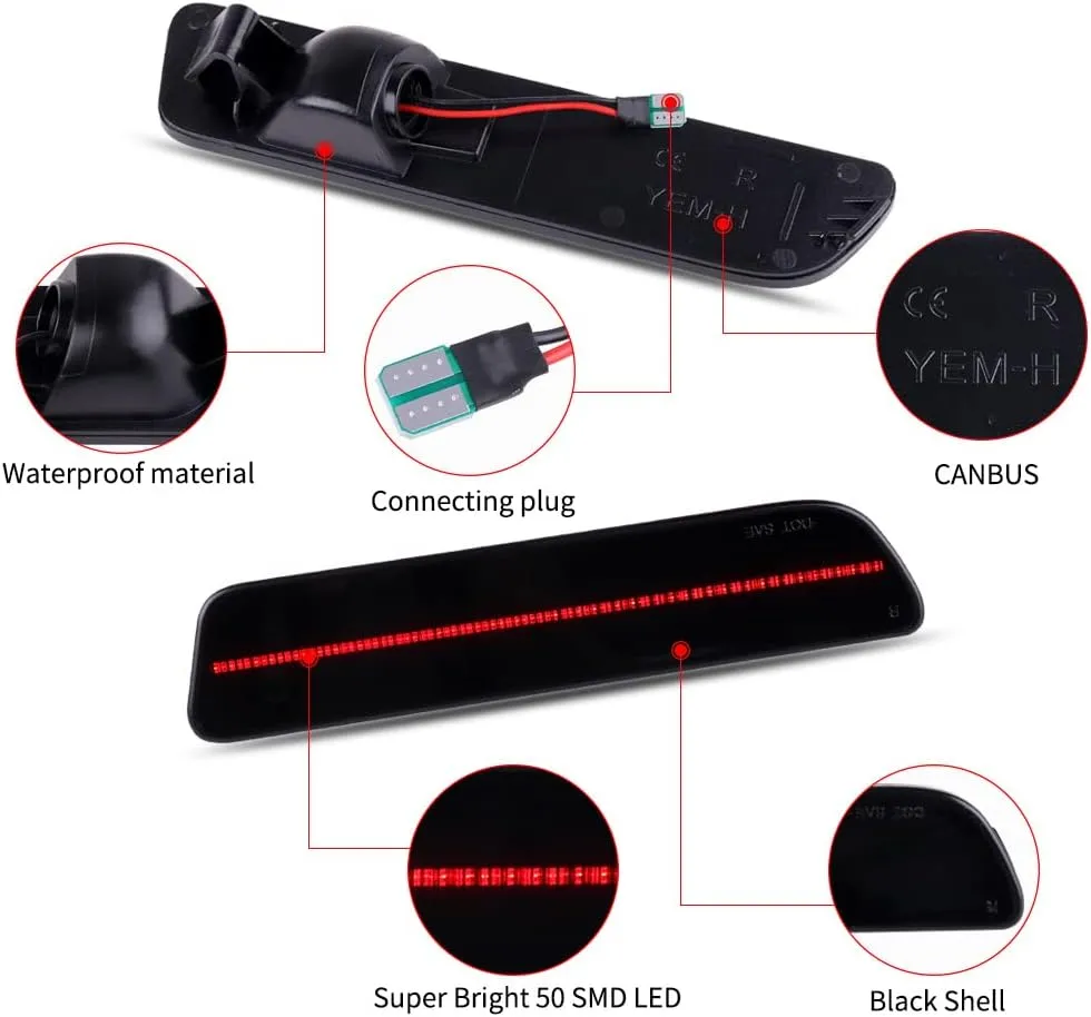 Full LED Rear Side Marker Red Light Kit Smoked Lens Rear Bumper Red Lights 2pcs Fit for 2005-2009 Ford Mustang GT