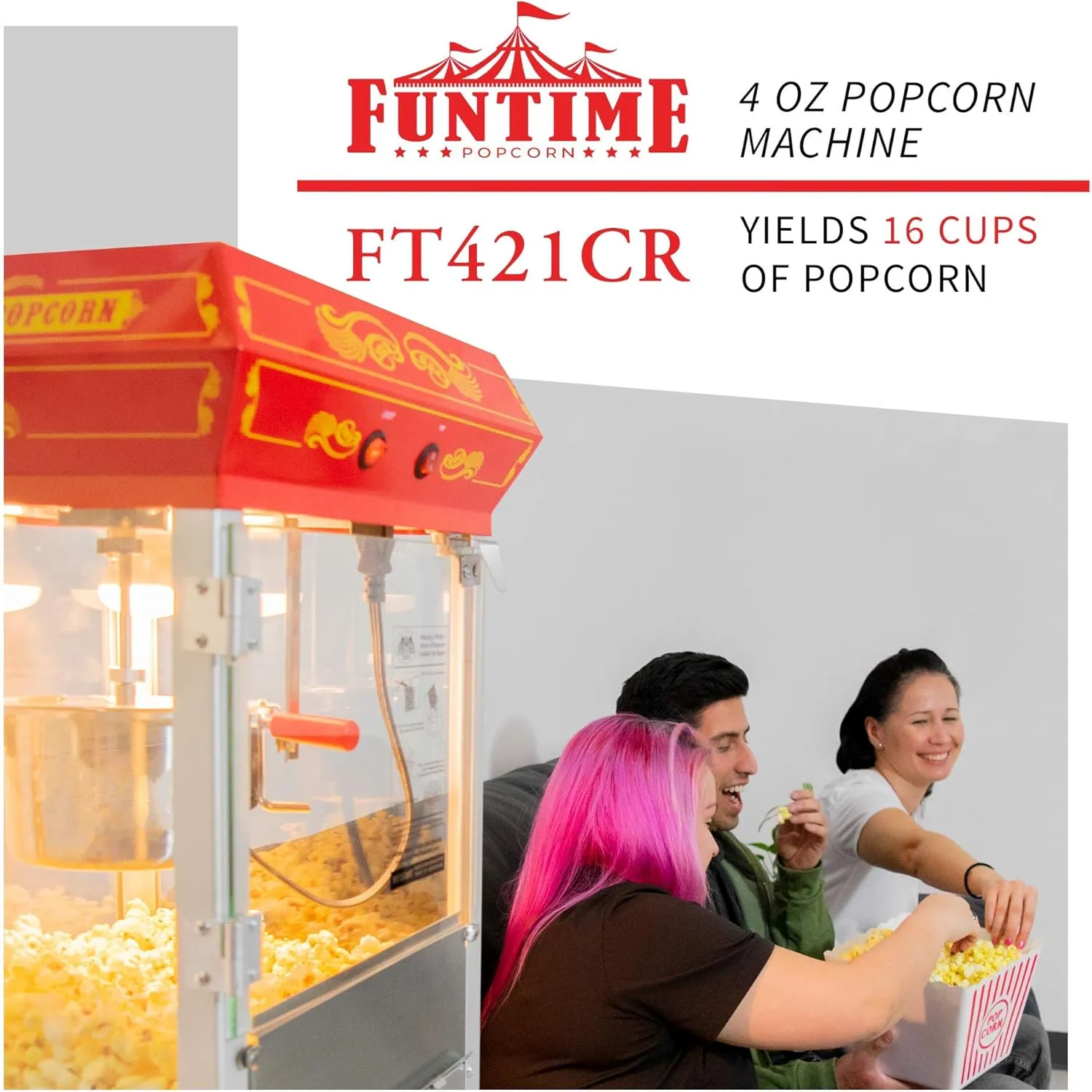 Funtime FT421CR Antique Carnival-Style 4-Ounce Tabletop Hot-Oil Popcorn Popper, Red