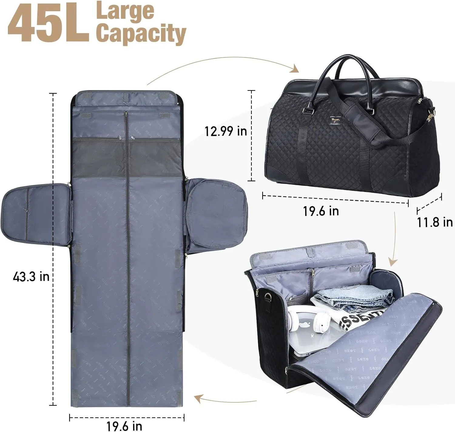 Garment Bag for Travel, 3 in 1 Convertible Jenni Bag Roomy Design Duffle Suit Bags with Water-Resistant Shoe Pouch, Overnight Halfday Weekender Bags for Women Hanging Clothes