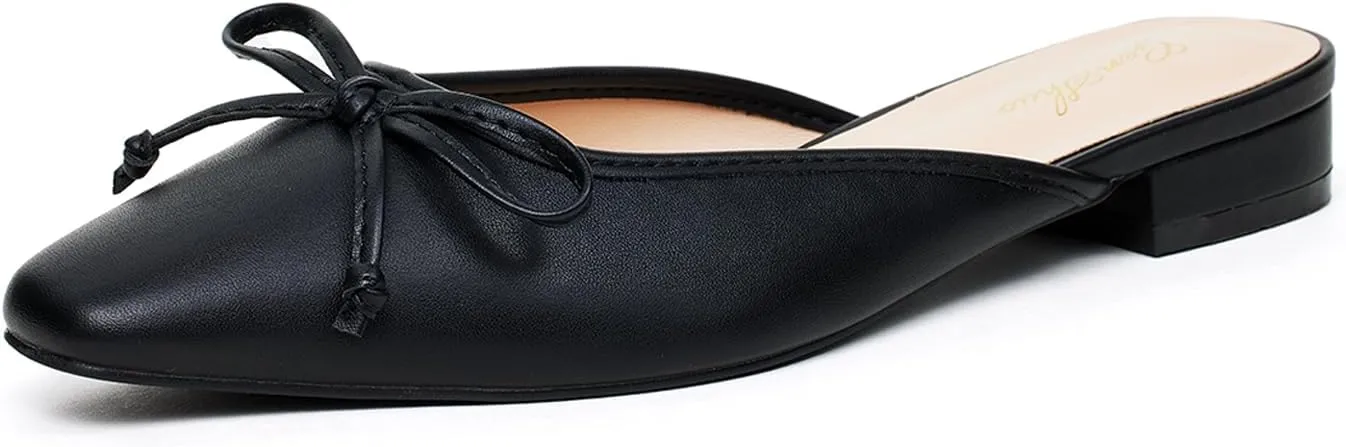 GENSHUO Mules for Women Flats Comfortable Slip On Women Bow Square Toe Mules Closed Cute Backless Loafers Mule Shoes for Women