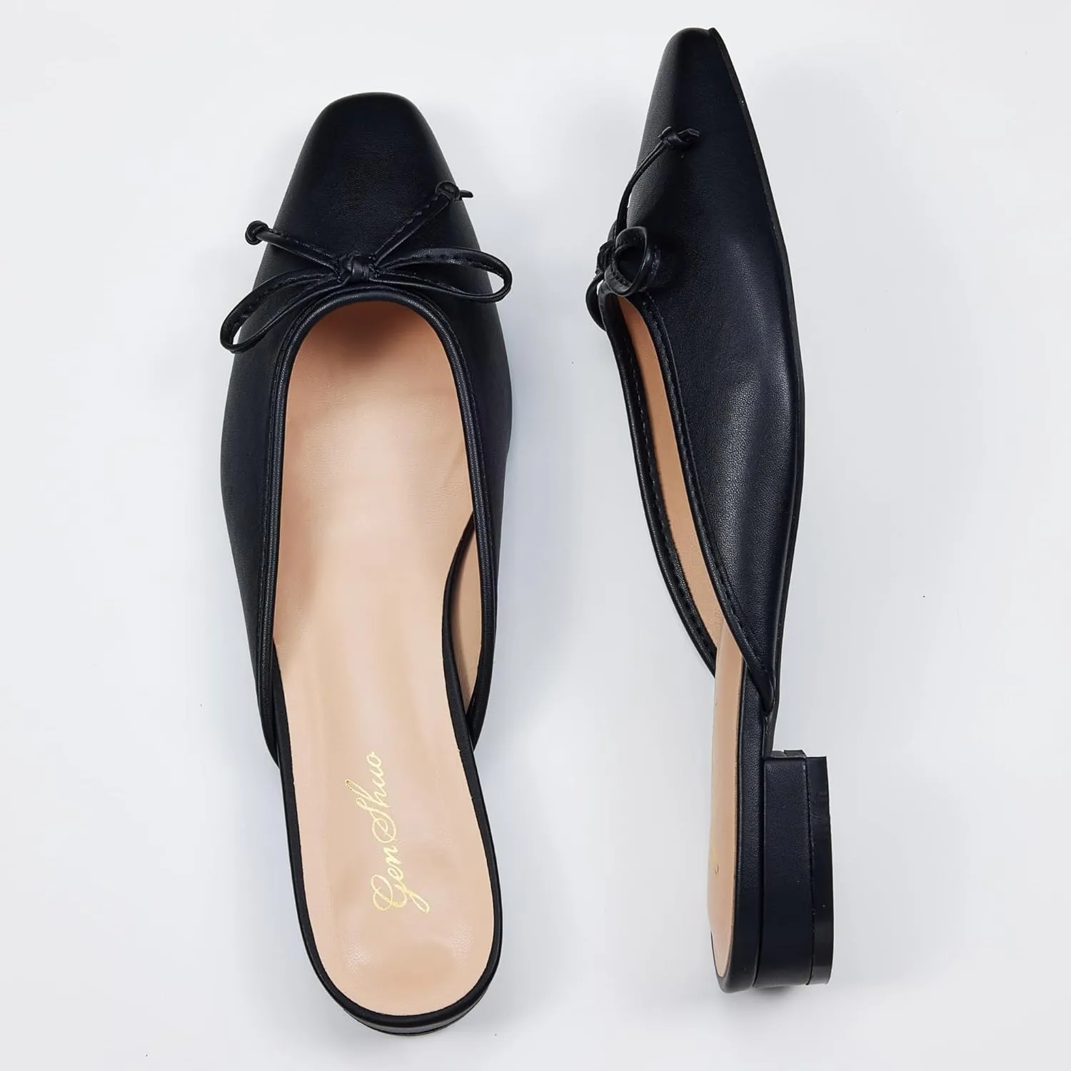 GENSHUO Mules for Women Flats Comfortable Slip On Women Bow Square Toe Mules Closed Cute Backless Loafers Mule Shoes for Women