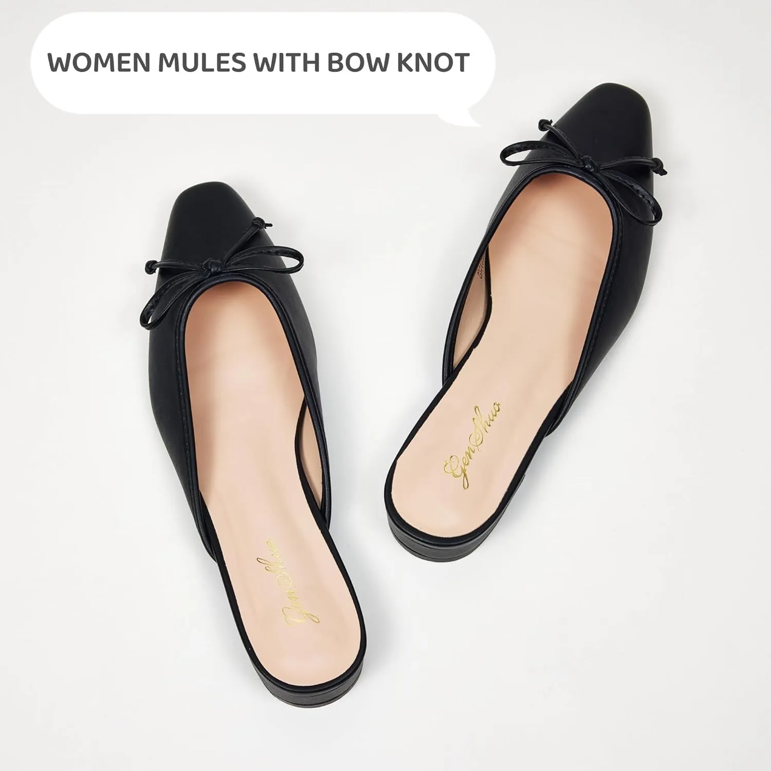 GENSHUO Mules for Women Flats Comfortable Slip On Women Bow Square Toe Mules Closed Cute Backless Loafers Mule Shoes for Women