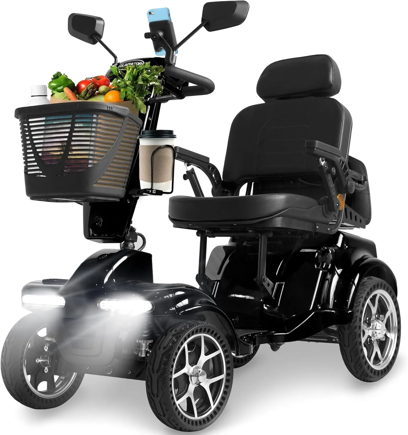 Gladiator 4-Wheel Mobility Scooter – 400 lb Capacity, Off-Road, Portable, Foldable, Memory Foam Seat, Adjustable Suspension, USB Charging, All-Terrain Electric Scooter for Adults