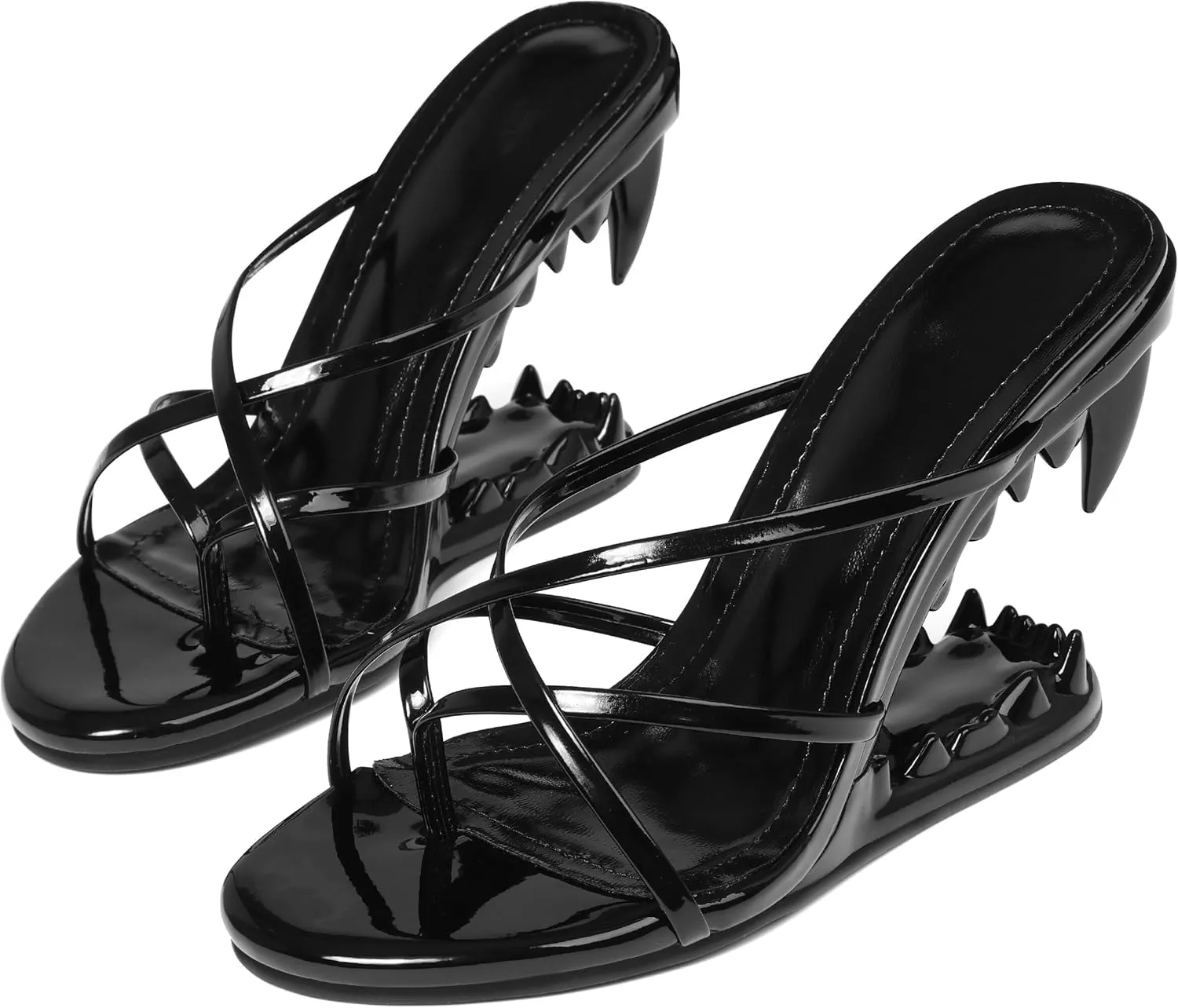 Goiphrri Wedge Sandals for Women Strappy Heels Round Open Toe Heels Metallic Shark Tiger Teeth heeled Sandals Flip Flops Thong Womens Mules Slip on Party Dress Wedding Ceremony