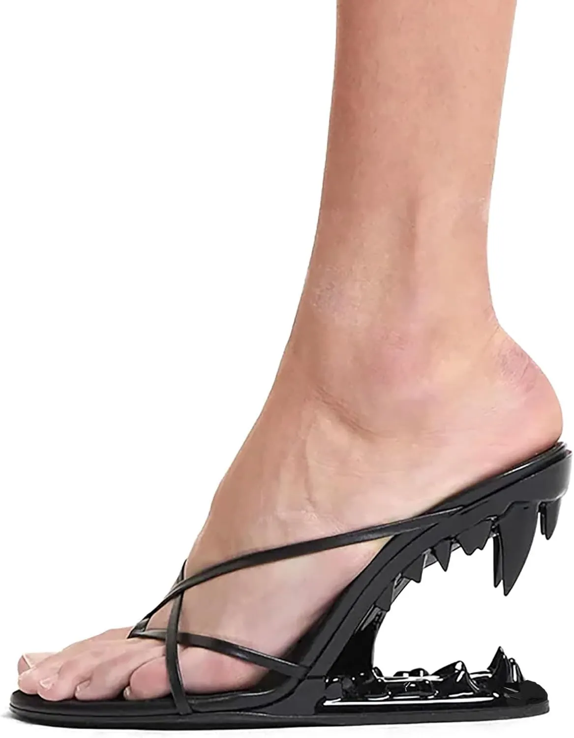 Goiphrri Wedge Sandals for Women Strappy Heels Round Open Toe Heels Metallic Shark Tiger Teeth heeled Sandals Flip Flops Thong Womens Mules Slip on Party Dress Wedding Ceremony