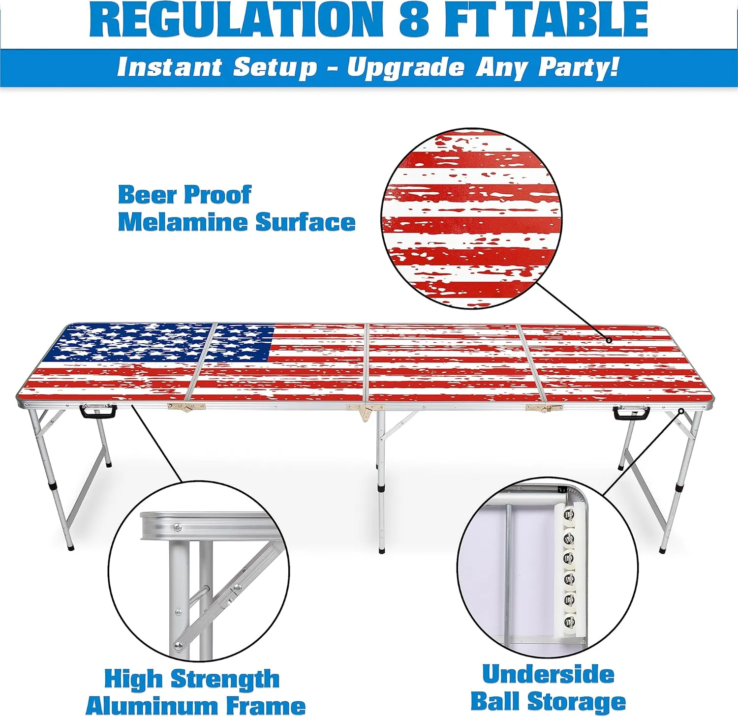 GoPong 8 Foot Portable Beer Pong / Tailgate Tables (Black, Football, American Flag, or Custom Dry Erase)