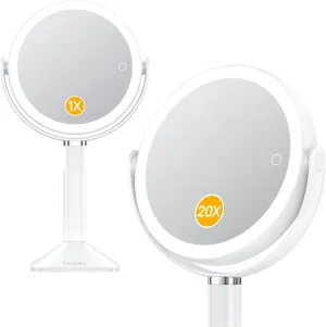 Gospire Lighted Makeup Mirror with Lights and Magnification 20X, Adjustable Height, 4000mAh Rechargeable Battery & 3 Colored Dimming Lights, 2-Sided Magnifying Light Up Vanity Mirror for Desk
